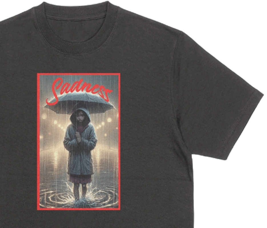 Closeup. Sadness Girl t-shirt. black tee. Girl blank stare as she stands under umbrella in pouring rain. Unisex. Free Shipping. FubarShirts.com