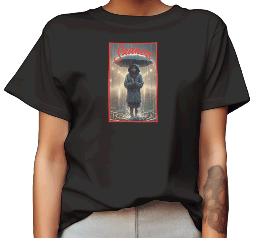 Sadness Girl t-shirt. black tee. Girl blank stare as she stands under umbrella in pouring rain. Unisex. Free Shipping. FubarShirts.com