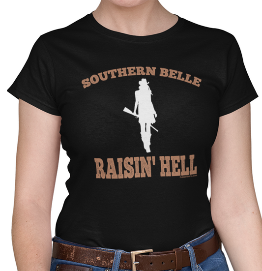 southern belle raisin hell t-shirt. fubarshirts.com black tee.