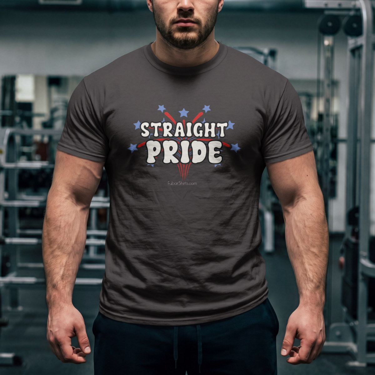 Gym rat wearing Straight Pride shirt at gym. Shirt is premium Soft Style Cotton by Gildan. Black shirt. FubarShirts.com. Free Shipping.

