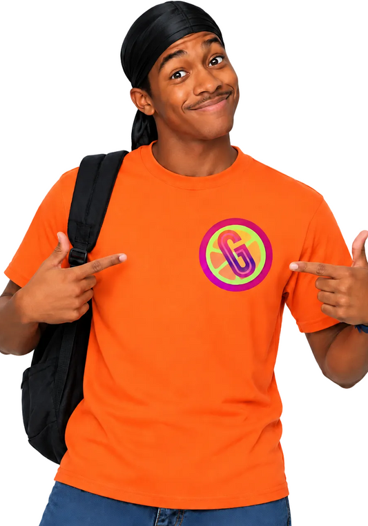 tbo groovy smoothie shirt. icarly style. orange shirt with left breast logo.