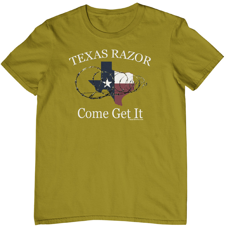 Texas Razor Come Get It t-shirt. Old Gold color. FubarShirts.com