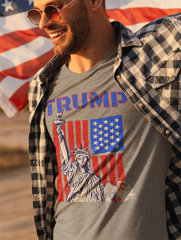 Heather grey Trump Liberty shirt. For patriots only. FubarShirts.com. Unisex.