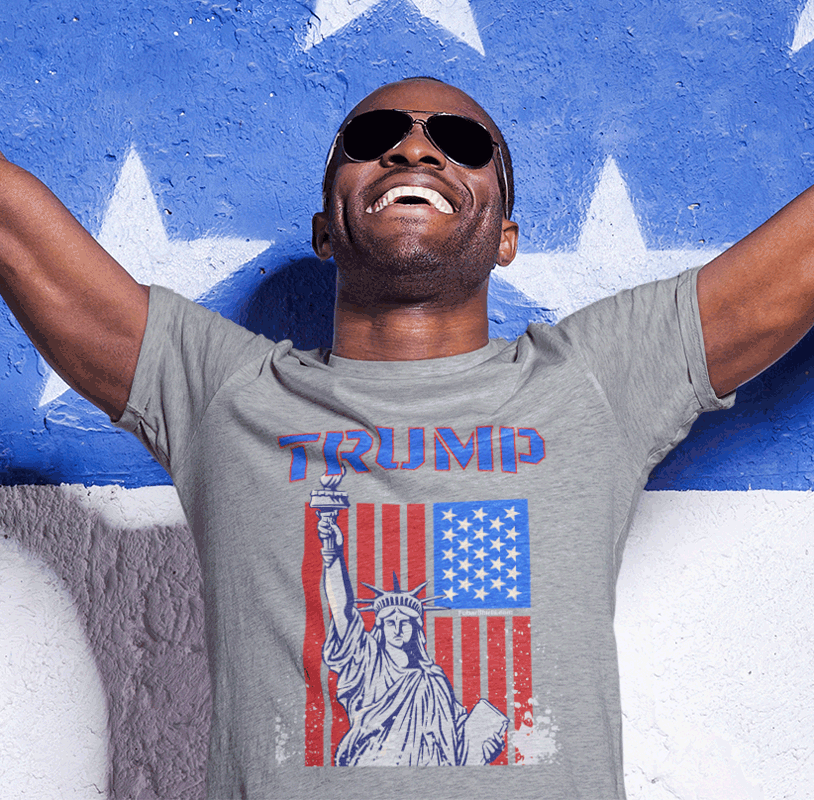 Our Heather Grey Trump Liberty T-shirt. Trump for president. Unisex. Made in USA. FubarShirts.com