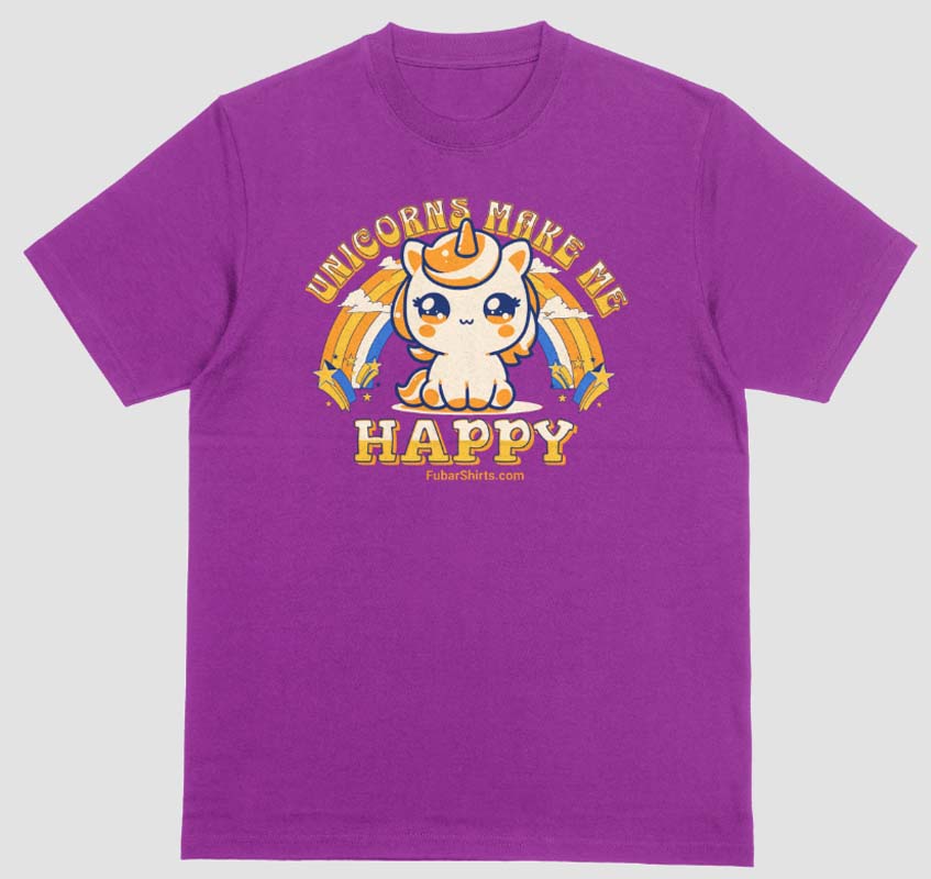 Unicorns Make Me Happy Kawaii t-shirt.  Pink t-shirt. FubarShirts.com. 