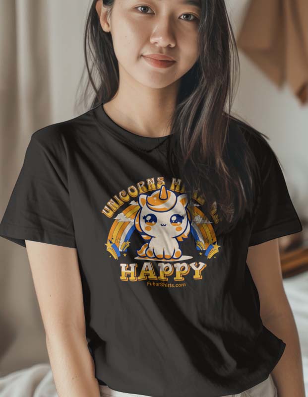 Model wearing Unicorns Make Me Happy t-shirt. Unisex. Black shirt. FubarShirts.com