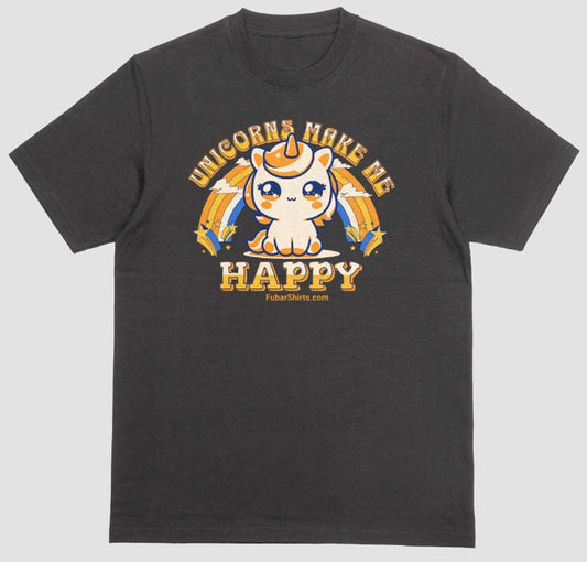 Unicorns Make Me Happy T-shirt. Kawaii style. Black shirt. Unisex. FubarShirts.com