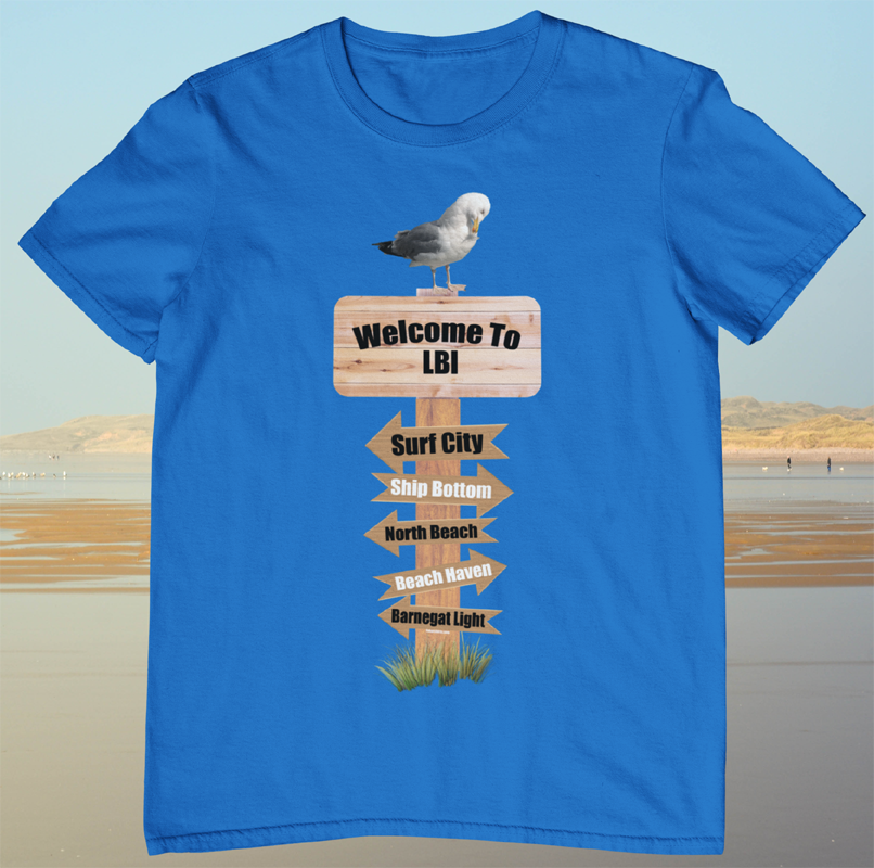 welcome to lbi t-shirt. blue long beach island shirt.