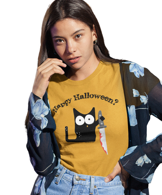 Happy Halloween What? Cat t-shirt. Old Gold Color