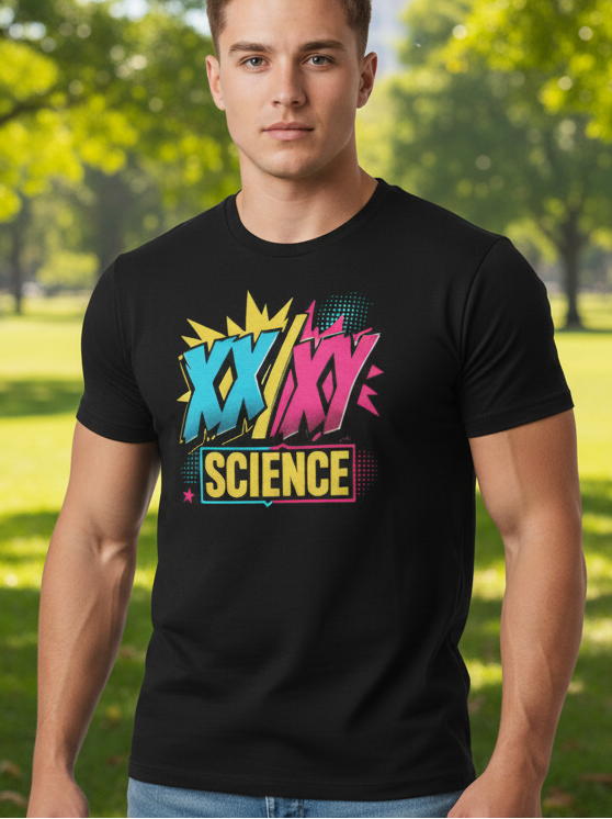 XX/XY Science T-shirt worn by young man. Free Shipping. Premium Cotton. Black Tee.