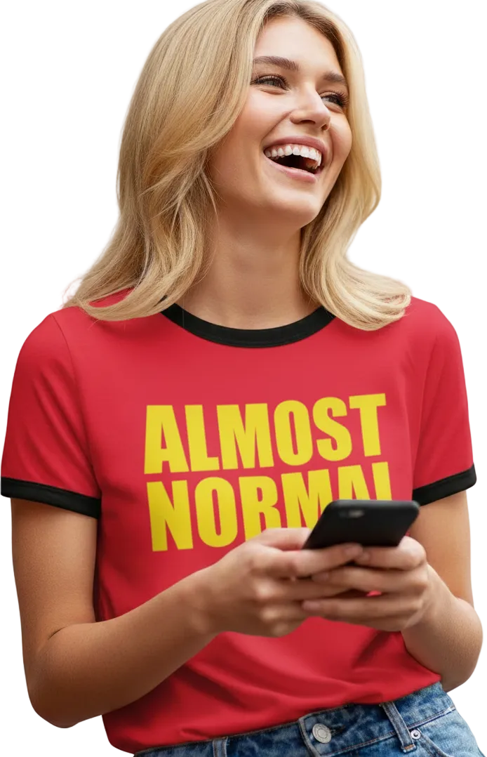 Almost Normal Penny Tee. FubarShirts.com. Unisex. Free Shipping. Red Tee, black hems.