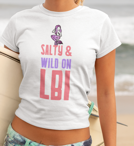 lbi crop top. salty and wild on lbi shirt. White tee.
