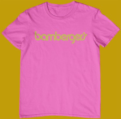 Pink bambergers shirt with gold letters.