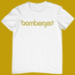 white bambergers t-shirt with gold letter logo.
