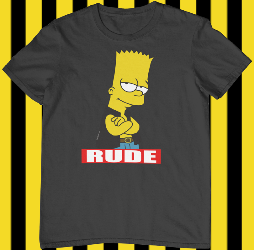 Black RUDE t-shirt featuring Bart Simpson. Unisex.