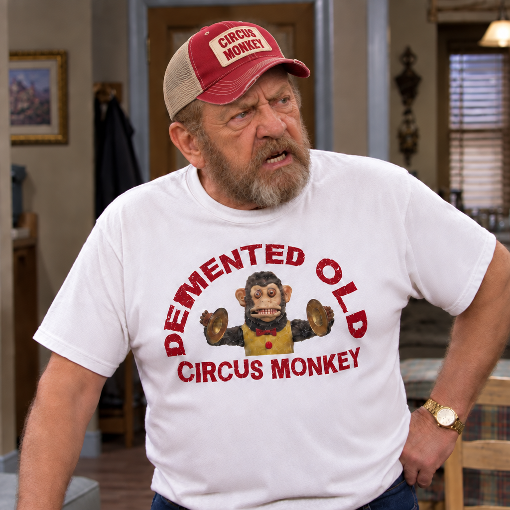 Demented Old Circus Monkey shirt. Parody of King of Queens episode. White shirt. 