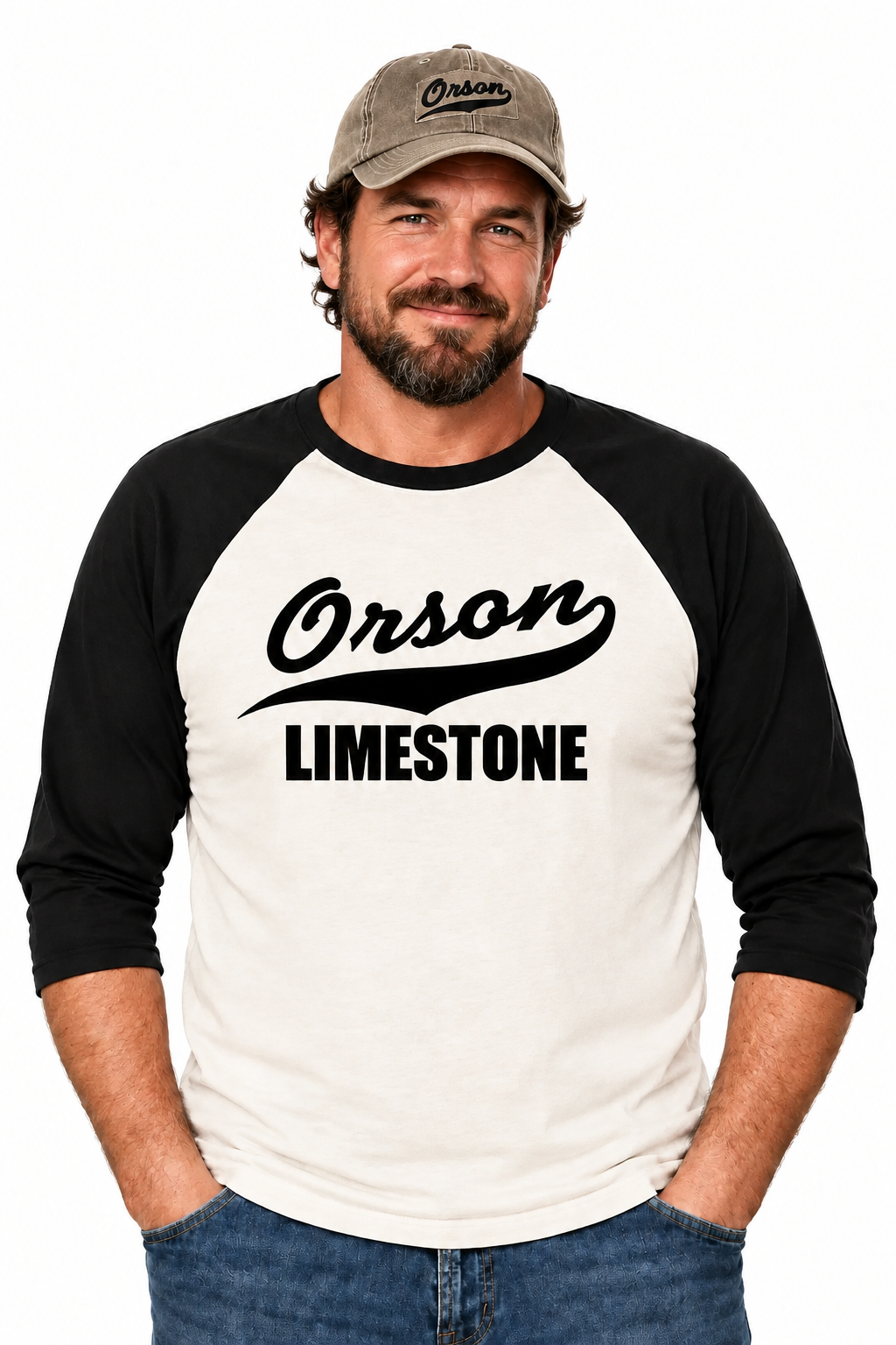 Orson Limestone Baseball Shirt. White w Black sleeves. The Middle TV show. Mike Heck.