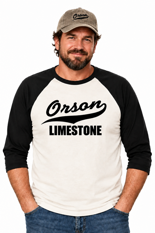 Orson Limestone Baseball Shirt. White w Black sleeves. The Middle TV show. Mike Heck.