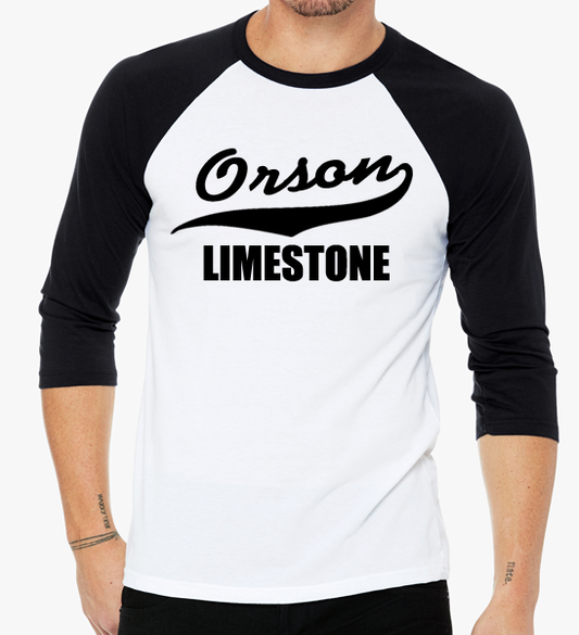 Orson Limestone Baseball Shirt. White w Black sleeves. The Middle TV show. Mike Heck.