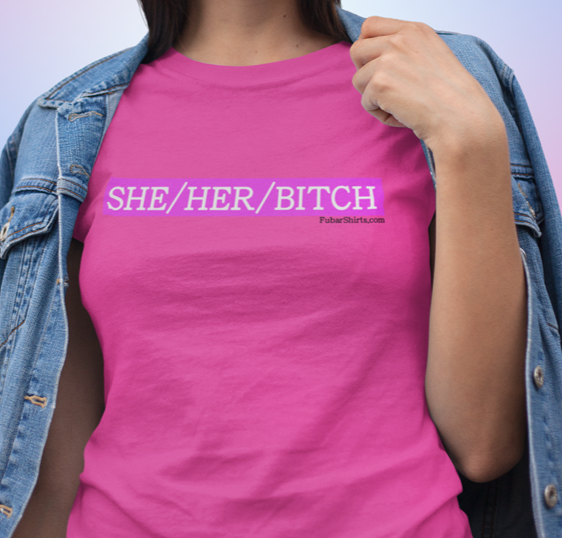she / her / bitch pronouns humor shirt. pink tee. fubarshirts.com