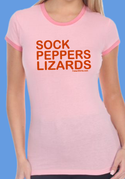 Sock Peppers Lizards Penny Tee. Fitted pink shirt by FubarShirts.com