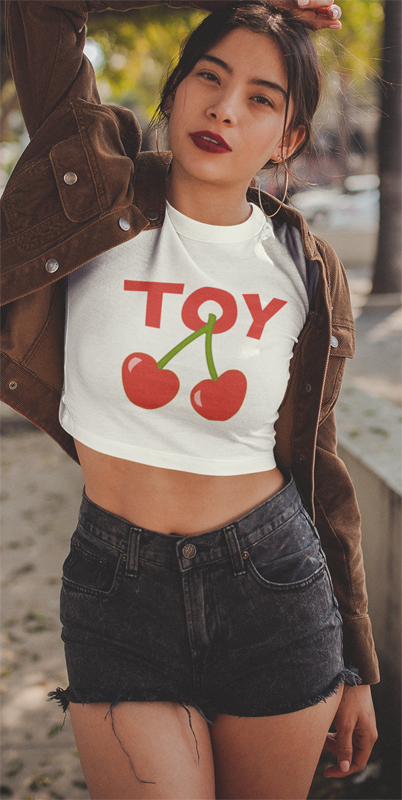 White Crop Top with words TOY and cherries.